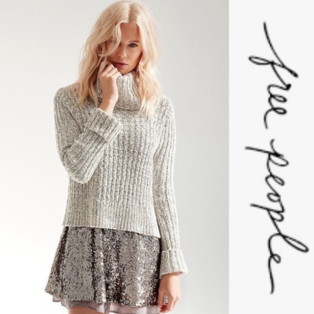 Free People Marled Ivory Combo Twisted Cable Cropped Turtleneck